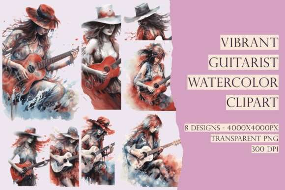 Download Boho Watercolor Art Women Guitarists PNG - Boho Collection