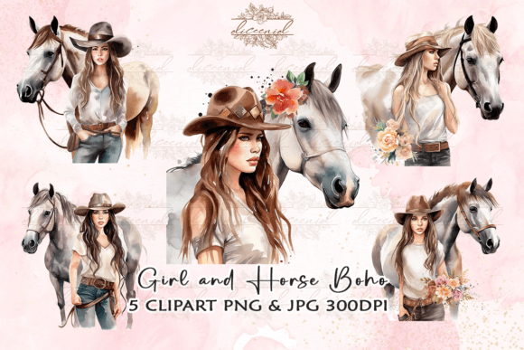 Download Girl and Horse Boho Watercolor Clipart - Boho Collection