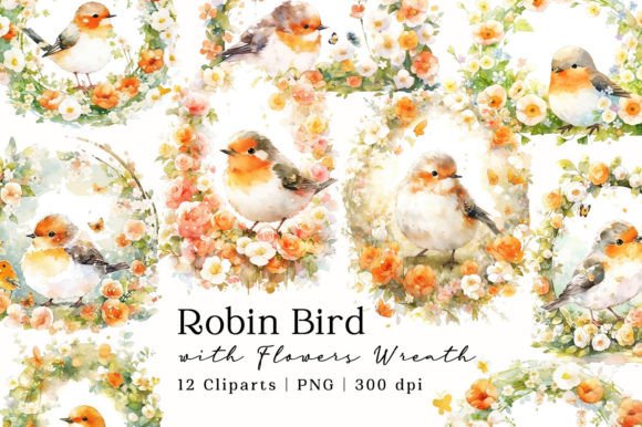 Download Robin Bird Flowers Wreath Watercolor PNG - Png Collection