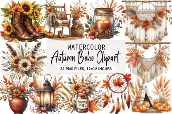 Download Watercolor Autumn Boho Clipart Bundle - Boho Collection